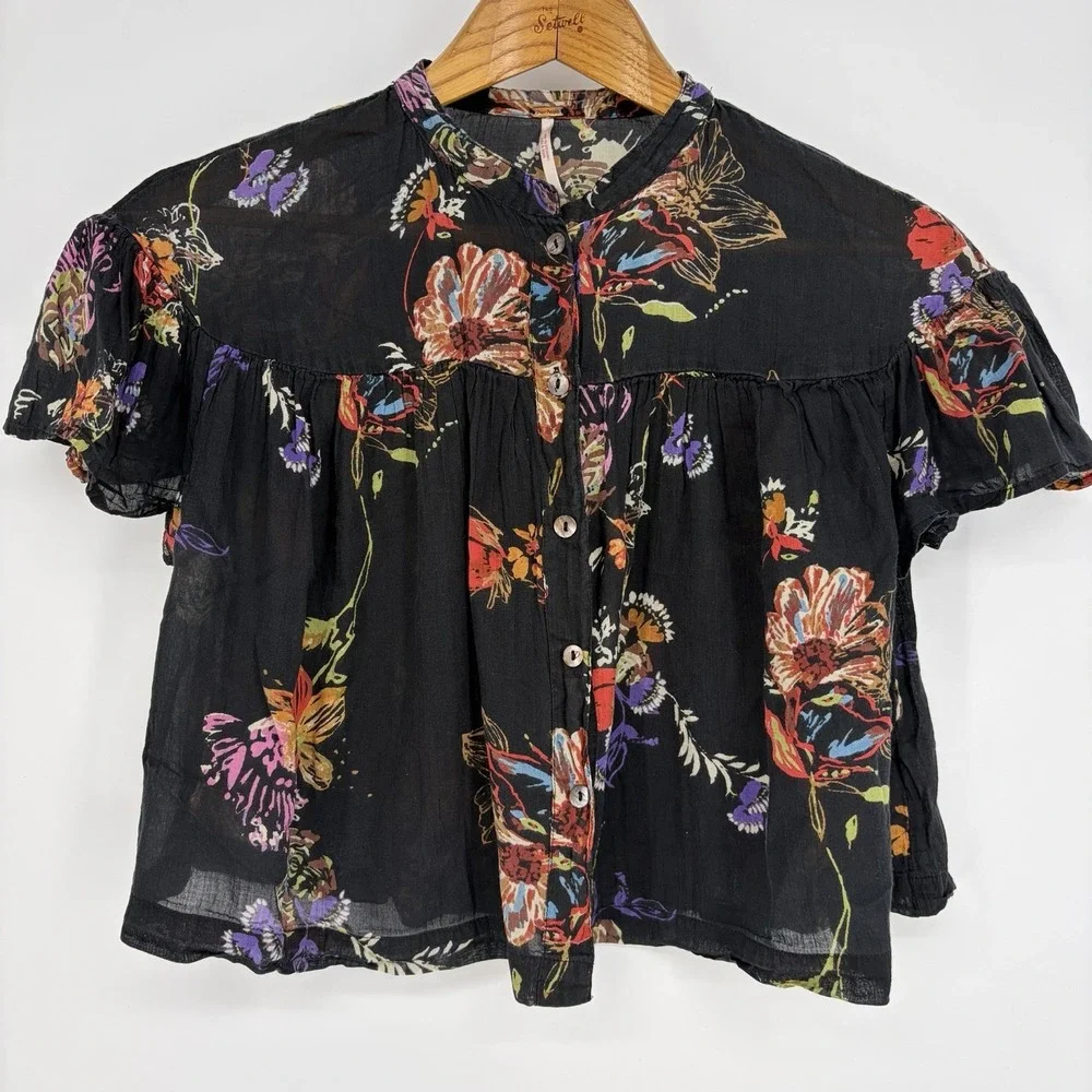 Free People Sweet Escape Top XS Black Floral Baby Doll Flutter Fairy Whimsical